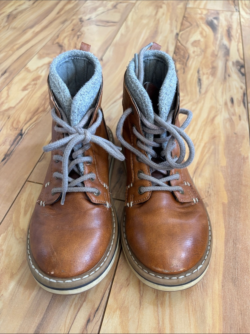 Tan Lace-Up Ankle Boots with Gray Wool Collar